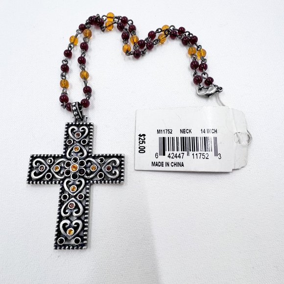 NWT - Nine West - Jeweled Heart Cross Silver Tone Red & Yellow Beaded 14” Choker - Picture 6 of 8